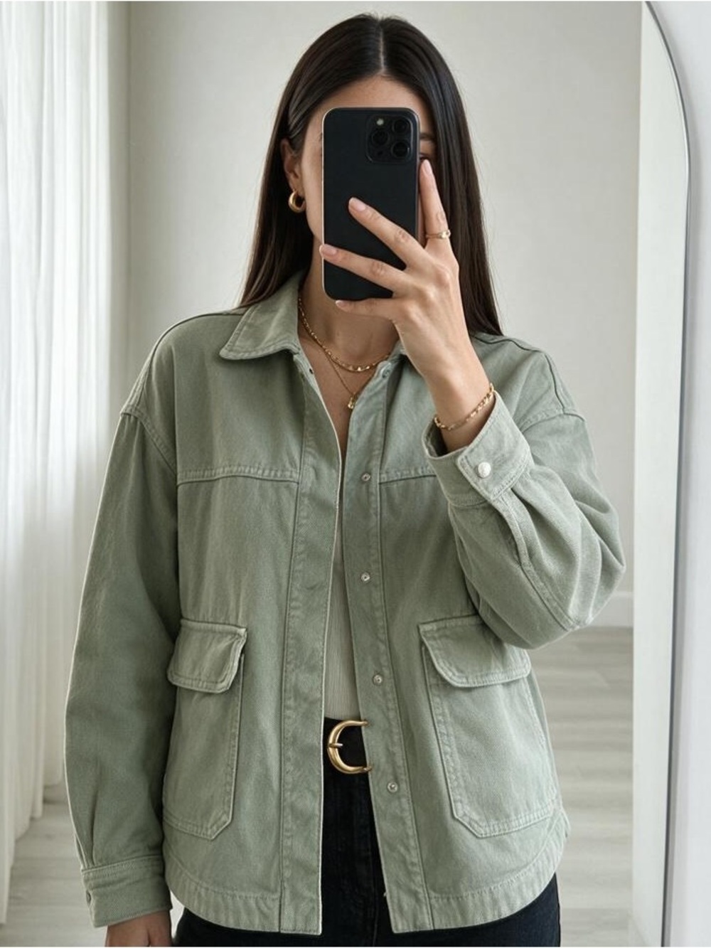 Stradivarius Sage Green Utility Jacket Size S 100% Cotton